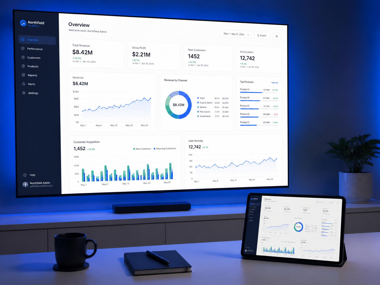 Tableau de bord d'analyse d'activité affiché sur grand écran et tablette, solutions digitales TAMUTEK